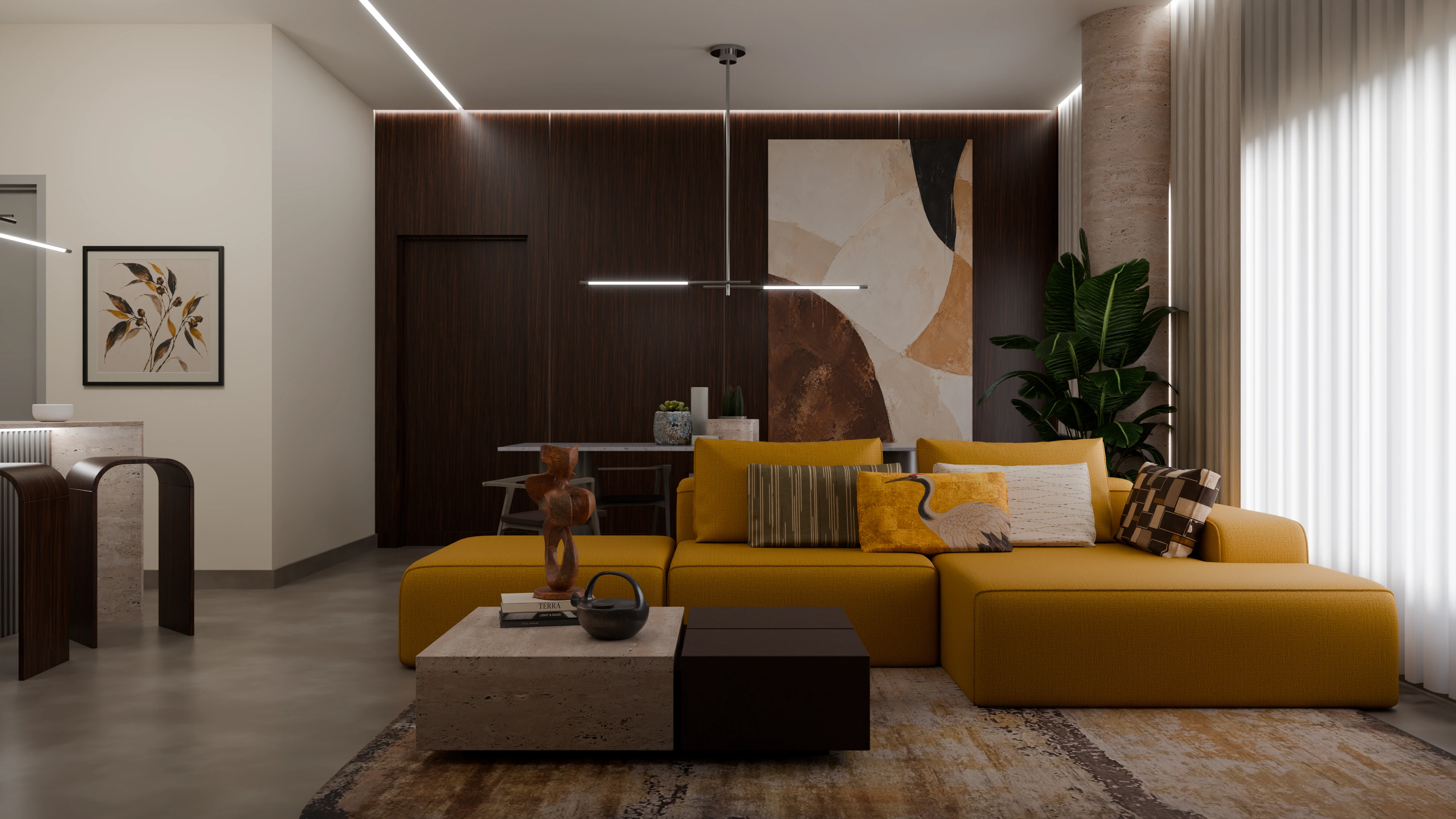 The walnut wall in the room